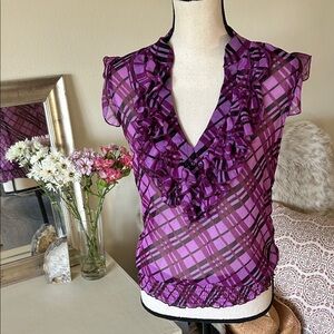 L8ter purple black plaid Y2K v neck ruffles semi sheer smocked hem tank top S​